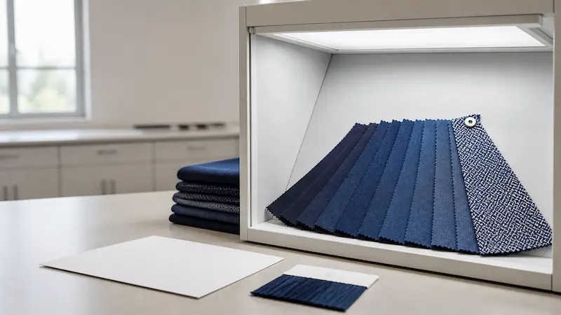 Fanned cotton swatches in graduated indigo shades inside a standard light booth with a plain approval sheet on the bench (1)
