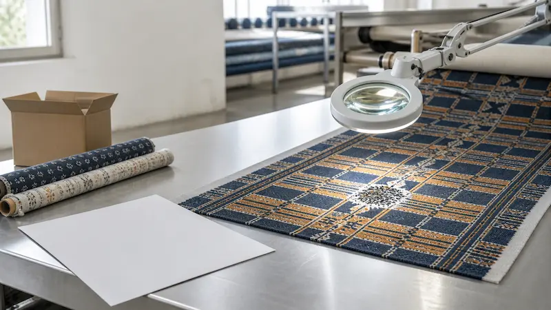 Length of printed fabric with a visible printing flaw under a magnifying inspection lamp on a stainless-steel table