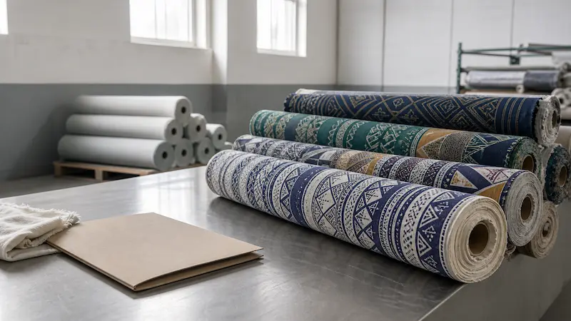Rolls of printed cotton fabric beside a plain export document folder in a textile factory inspection area (1)